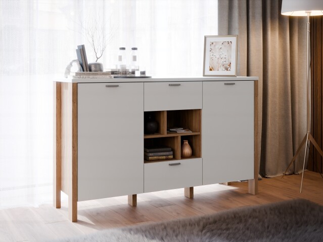Sideboard >Saitama < 2 Türen, 2 Schubladen, in Mauvella Eiche/ Secret grey - 141,4x86,8x41,6cm (BxHxT)