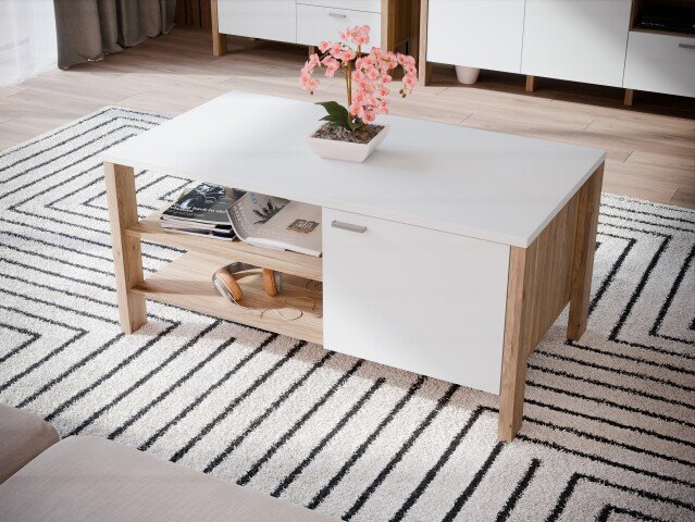 Couchtisch >Saitama < mit "Stauraumtür" in Mauvella Eiche/ Secret grey - 110x51,3x59,6cm (BxHxT)