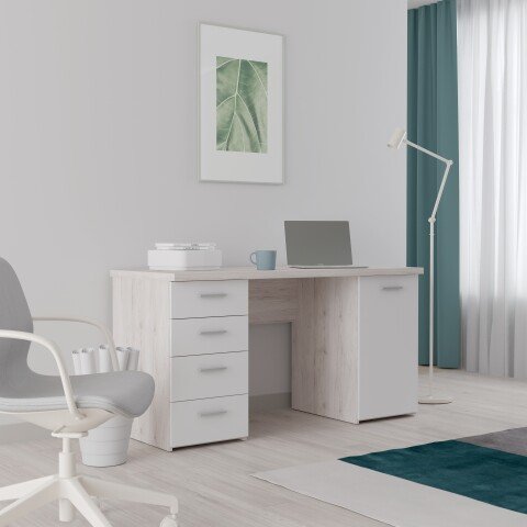 Schreibtisch >NET106< mit 4 Schubladen und Tür, in Weiss/ Sandeiche Dekor - 145x76,3x60cm (BxHxT)