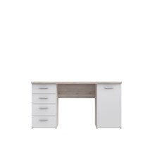 Schreibtisch >NET106< mit 4 Schubladen und Tür, in Weiss/ Sandeiche Dekor - 145x76,3x60cm (BxHxT)