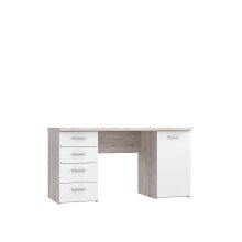 Schreibtisch >NET106< mit 4 Schubladen und Tür, in Weiss/ Sandeiche Dekor - 145x76,3x60cm (BxHxT)