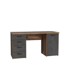 Schreibtisch >NET106< mit 4 Schubladen und Tür, in Betonoptik Dunkelgrau/Old-Wood Dekor - 145x76,3x60cm (B/H/T)