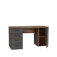 Schreibtisch >NET106< mit 4 Schubladen und Tür, in Betonoptik Dunkelgrau/Old-Wood Dekor - 145x76,3x60cm (B/H/T)