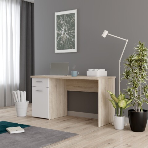 Schreibtisch >NET106< mit Schublade und Tür, in Weiss/ Sonoma Eiche Dekor  - 140x76,5x60cm (BxHxT)