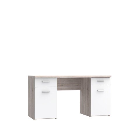Schreibtisch >NET106< mit 2 Schubladen und 2 Türen, in Weiss/ Sandeiche Dekor - 145x76,3x60cm (BxHxT)