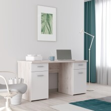 Schreibtisch >NET106< mit 2 Schubladen und 2 Türen, in Weiss/ Sandeiche Dekor - 145x76,3x60cm (BxHxT)