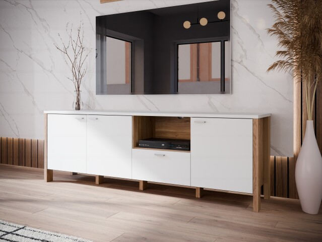 TV-Lowboard >Saitama < mit 3 Türen und Schublade, in Mauvella Eiche Dekor/ Secret grey  - 191,1x64,1x41,6cm (BxHxT)