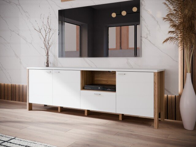 TV-Lowboard >Saitama < mit 3 Türen und Schublade, in Mauvella Eiche Dekor/ Secret grey  - 191,1x64,1x41,6cm (BxHxT)