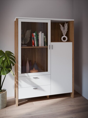 Highboard >Saitama < 2 Schubladen und Glastür, in Mauvella Eiche Dekor/ Secret grey  - 111,7x153,7x41,6cm (BxHxT)