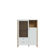 Highboard >Saitama < 2 Schubladen und Glastür, in Mauvella Eiche Dekor/ Secret grey  - 111,7x153,7x41,6cm (BxHxT)
