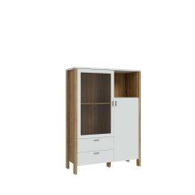 Highboard >Saitama < 2 Schubladen und Glastür, in Mauvella Eiche Dekor/ Secret grey  - 111,7x153,7x41,6cm (BxHxT)