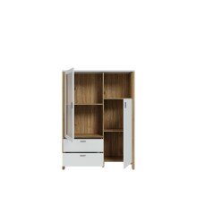 Highboard >Saitama < 2 Schubladen und Glastür, in Mauvella Eiche Dekor/ Secret grey  - 111,7x153,7x41,6cm (BxHxT)