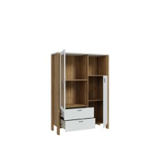 Highboard >Saitama < 2 Schubladen und Glastür, in Mauvella Eiche Dekor/ Secret grey  - 111,7x153,7x41,6cm (BxHxT)