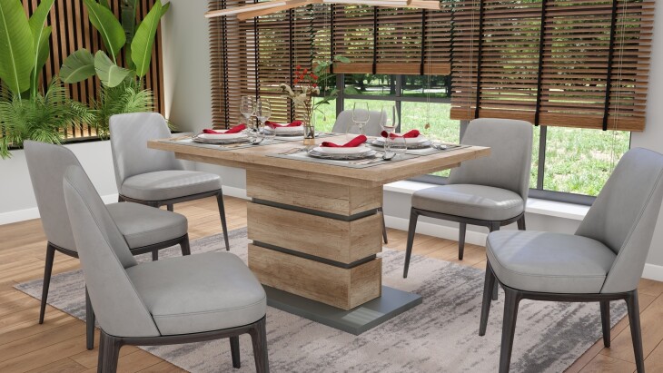 Säulen-Esstisch >BEA< mit Auzug in Eiche-Optik/Anthrazit 140-190 x 75 x 86 cm (BxHxT)