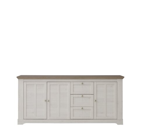 Sideboard >ILOPPA< mit 3 Türen und 3 Schubladen, in Nelson / Schnee Eiche Dekor - 204,7x92,5x44,3cm (BxHxT)