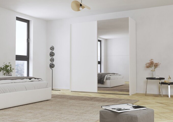 Schwebetürenschrank >Fifty< mit Spiegel, inkl. 2 Böden / 2 Kleidersatngen, in alpinweiß - 201x223x66cm (BxHxT)