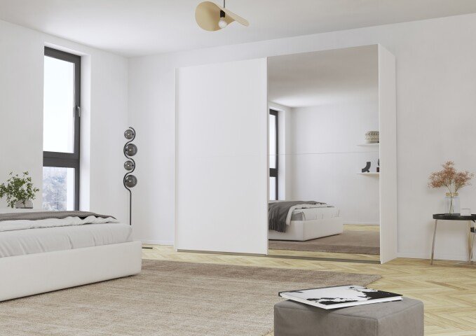 Schwebetürenschrank >Fifty< mit Spiegel, 3 Böden / 3 Kleiderstangen, in alpinweiß - 251x223x66cm (BxHxT)