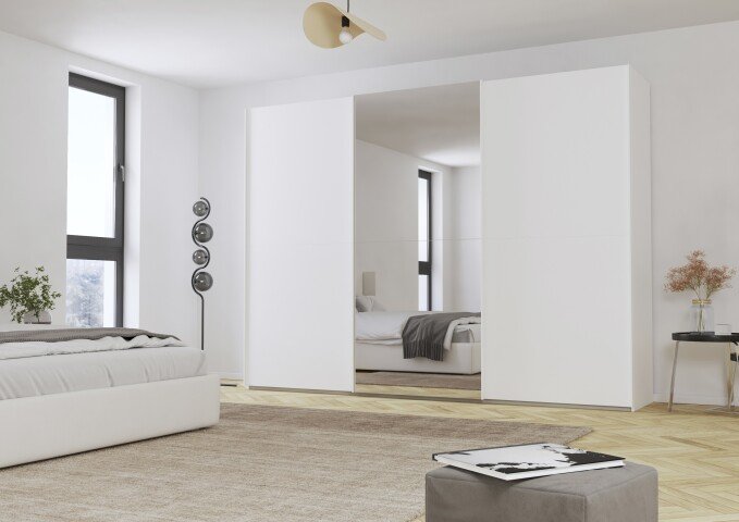 Schwebetürenschrank >Fifty< mit Spiegel, 3 Böden / 3 Kleiderstangen, in alpinweiß - 301x223x66cm (BxHxT)