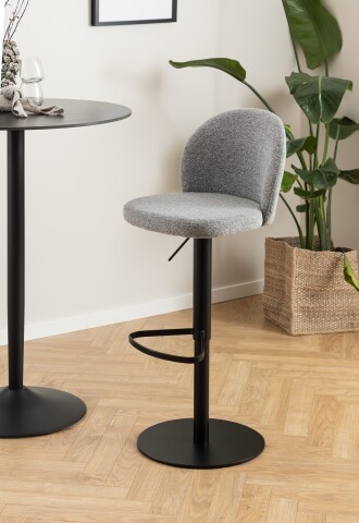 Barhocker >Patricia< drehbar mit Höhenverstellung, in Stoff-Grau, Metallgestell schwarz - 44x109x50cm (BxHxT)