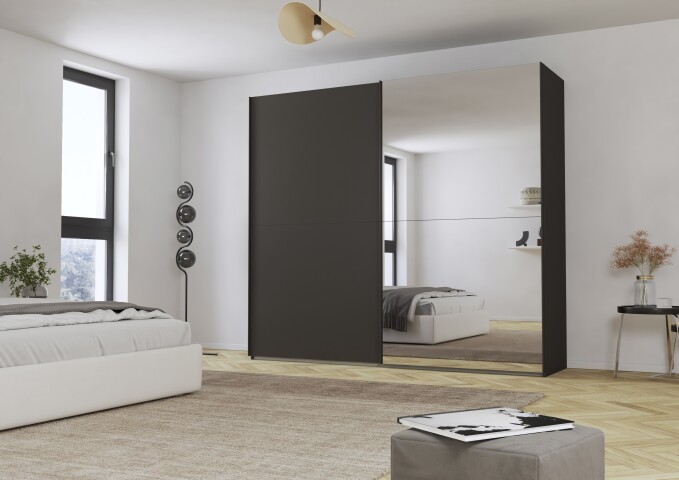 Schwebetürenschrank >Fifty< mit Spiegel, 3 Böden / 3 Kleiderstangen, in graphit - 251x223x66cm (BxHxT)