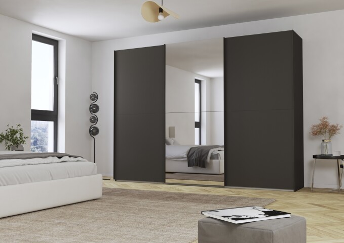 Schwebetürenschrank >Fifty< mit Spiegel, 3 Böden / 3 Kleiderstangen, in graphit - 301x223x66cm (BxHxT)