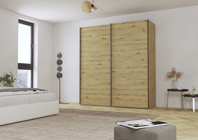 Schwebetürenschrank >Fifty< mit 2 Böden und 2 Kleiderstangen, in Eiche Artisan Dekor, - 201x223x66 (BxHxT)