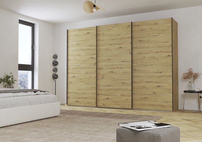 Schwebetürenschrank >Fifty< mit 3 Böden und 3 Kleiderstangen, in Eiche Artisan Dekor - 301x223x66 (BxHxT)