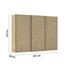 Schwebetürenschrank >Fifty< mit 3 Böden und 3 Kleiderstangen, in Eiche Artisan Dekor - 301x223x66 (BxHxT)
