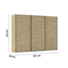 Schwebetürenschrank >Fifty< mit 3 Böden und 3 Kleiderstangen, in Eiche Artisan Dekor - 301x223x66 (BxHxT)