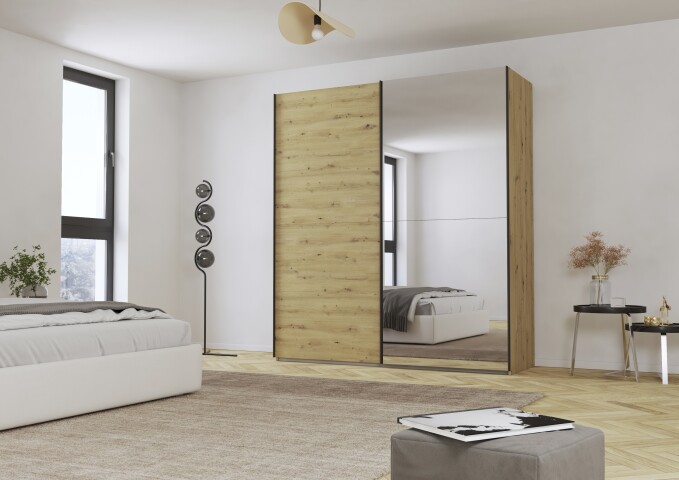 Schwebetürenschrank >Fifty< mit Spiegel, 2 Böden / 2 Kleiderstangen, in Eiche Artisan Dekor - 201x223x66 (BxHxT)