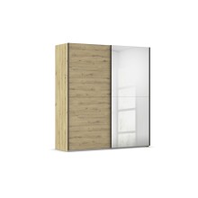 Schwebetürenschrank >Fifty< mit Spiegel, 2 Böden / 2 Kleiderstangen, in Eiche Artisan Dekor - 201x223x66 (BxHxT)