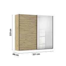 Schwebetürenschrank >Fifty< mit Spiegel, 3 Böden / 3 Kleiderstangen, in Eiche Artisan Dekor - 251x223x66 (BxHxT)