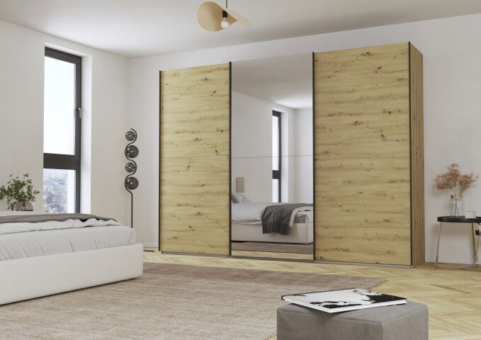 Schwebetürenschrank >Fifty< mit Spiegel, 3 Böden / 3 Kleiderstangen, in Eiche Artisan Dekor - 301x223x66 (BxHxT)