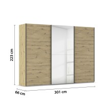 Schwebetürenschrank >Fifty< mit Spiegel, 3 Böden / 3 Kleiderstangen, in Eiche Artisan Dekor - 301x223x66 (BxHxT)