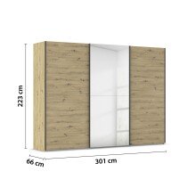 Schwebetürenschrank >Fifty< mit Spiegel, 3 Böden / 3 Kleiderstangen, in Eiche Artisan Dekor - 301x223x66 (BxHxT)