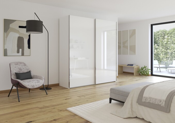 Schwebetürenschrank >Fifty< mit 2 Böden / 2 Kleiderstangen, in alpinweiß / Hochglanz weiß - 201x223x66cm (B/H/T)