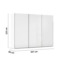 Schwebetürenschrank >Fifty< 3 Böden / 3 Kleiderstangen, in alpinweiß / Hochglanz weiß - 301x223x66cm (B/H/T)