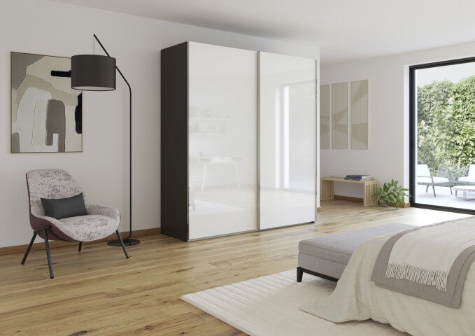 Schwebetürenschrank >Fifty< 2 Böden / 2 Kleiderstangen, in graphit / Hochglanz weiß - 201x223x66cm (B/H/T)