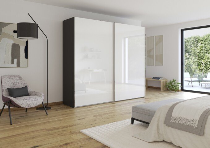 Schwebetürenschrank >Fifty< 3 Böden / 3 Kleiderstangen, in graphit / Hochglanz weiß - 251x223x66cm (B/H/T)