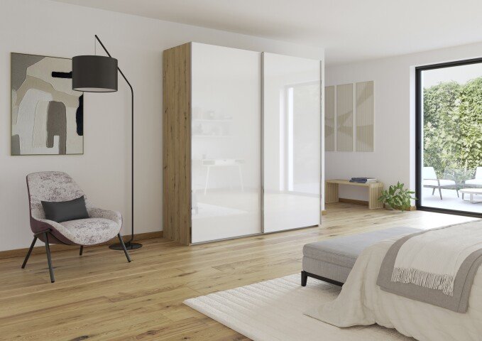 Schwebetürenschrank >Fifty< 2 Böden / 2 Kleiderstangen, in Eiche Artisan Dekor / Hochglanz weiß - 201x223x66cm (B/H/T)