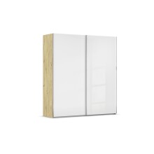 Schwebetürenschrank >Fifty< 2 Böden / 2 Kleiderstangen, in Eiche Artisan Dekor / Hochglanz weiß - 201x223x66cm (B/H/T)