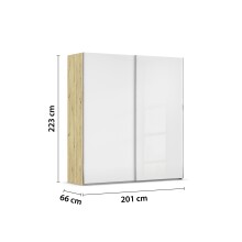 Schwebetürenschrank >Fifty< 2 Böden / 2 Kleiderstangen, in Eiche Artisan Dekor / Hochglanz weiß - 201x223x66cm (B/H/T)