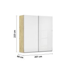 Schwebetürenschrank >Fifty< 2 Böden / 2 Kleiderstangen, in Eiche Artisan Dekor / Hochglanz weiß - 201x223x66cm (B/H/T)