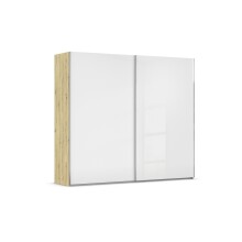 Schwebetürenschrank >Fifty< 3 Böden / 3 Kleiderstangen, in Eiche Artisan Dekor / Hochglanz weiß - 251x223x66cm (B/H/T)