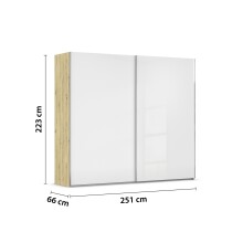 Schwebetürenschrank >Fifty< 3 Böden / 3 Kleiderstangen, in Eiche Artisan Dekor / Hochglanz weiß - 251x223x66cm (B/H/T)