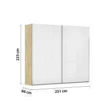 Schwebetürenschrank >Fifty< 3 Böden / 3 Kleiderstangen, in Eiche Artisan Dekor / Hochglanz weiß - 251x223x66cm (B/H/T)