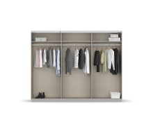 Schwebetürenschrank >Fifty< 3 Böden / 3 Kleiderstangen, in Eiche Artisan Dekor / Hochglanz weiß - 301x223x66cm (B/H/T)