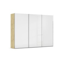 Schwebetürenschrank >Fifty< 3 Böden / 3 Kleiderstangen, in Eiche Artisan Dekor / Hochglanz weiß - 301x223x66cm (B/H/T)