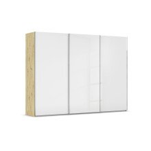 Schwebetürenschrank >Fifty< 3 Böden / 3 Kleiderstangen, in Eiche Artisan Dekor / Hochglanz weiß - 301x223x66cm (B/H/T)