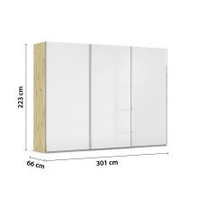 Schwebetürenschrank >Fifty< 3 Böden / 3 Kleiderstangen, in Eiche Artisan Dekor / Hochglanz weiß - 301x223x66cm (B/H/T)